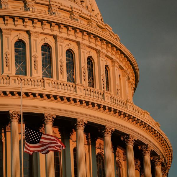 closeup of flag in front of US Capital building