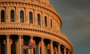 closeup of flag in front of US Capital building